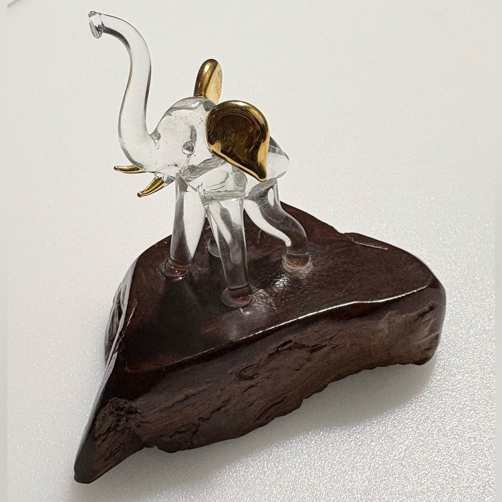 Hand Blown 22K Gold Trim Elephant Figurine On Wood Base